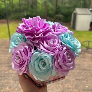 NWT Purple and Light Blue  Satin Flower Arrangement Handmade